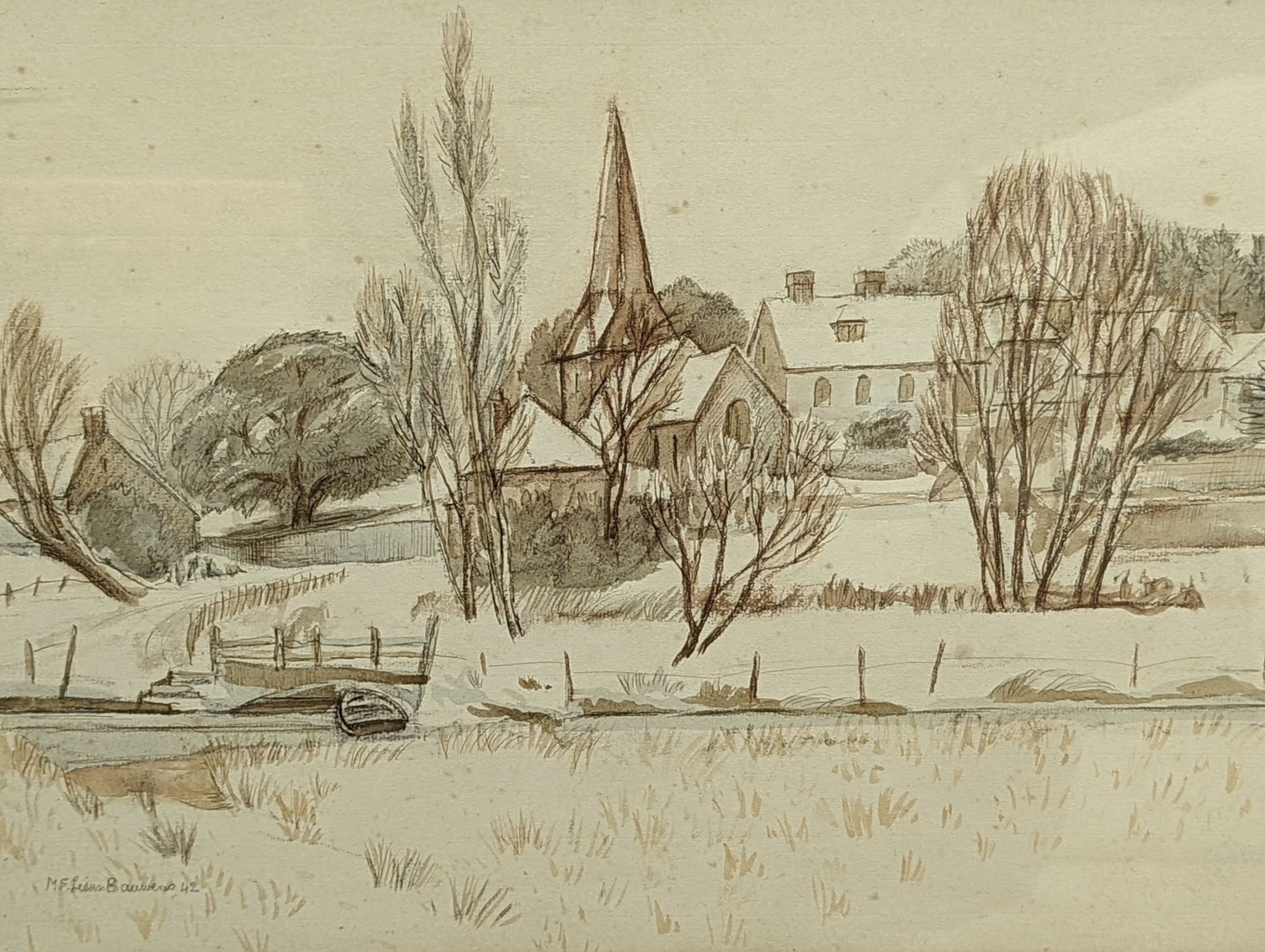M F L Bauwens, watercolour and pencil, 'Bury Ferry and Church', signed and dated '42, 30 x 41cm